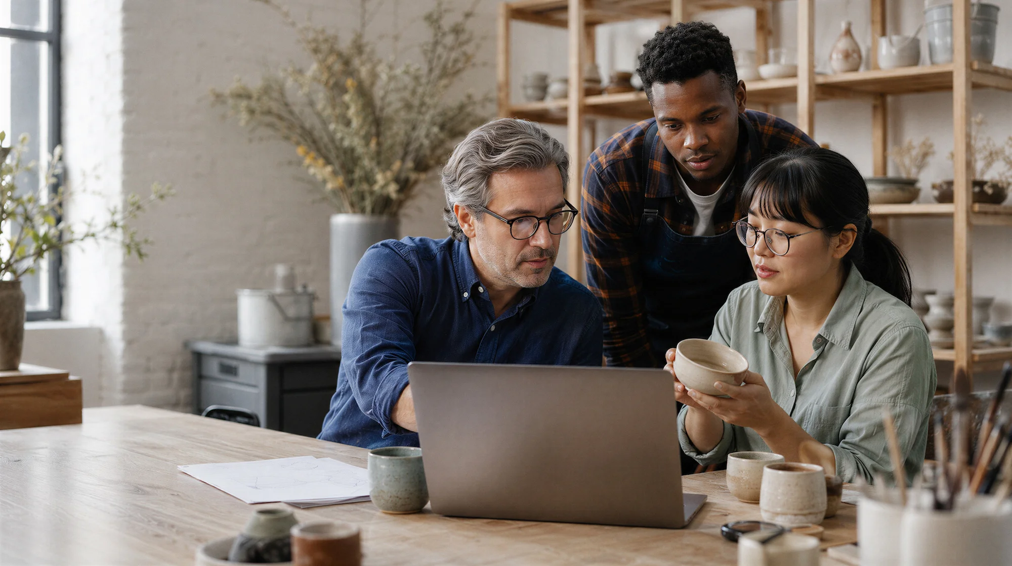 Small business team reviewing information together on a laptop