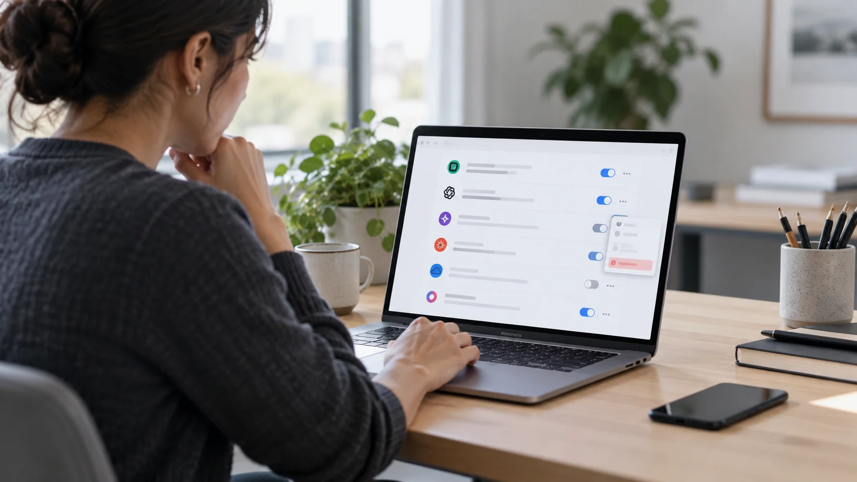 Small-business owner reviewing connected apps and account permissions on a laptop at a tidy desk.