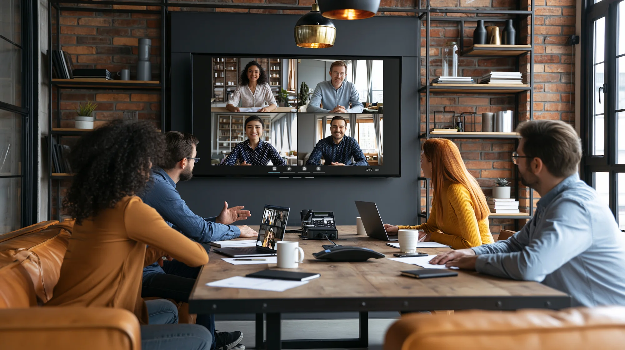 Business team taking part in a video meeting with remote colleagues on screen