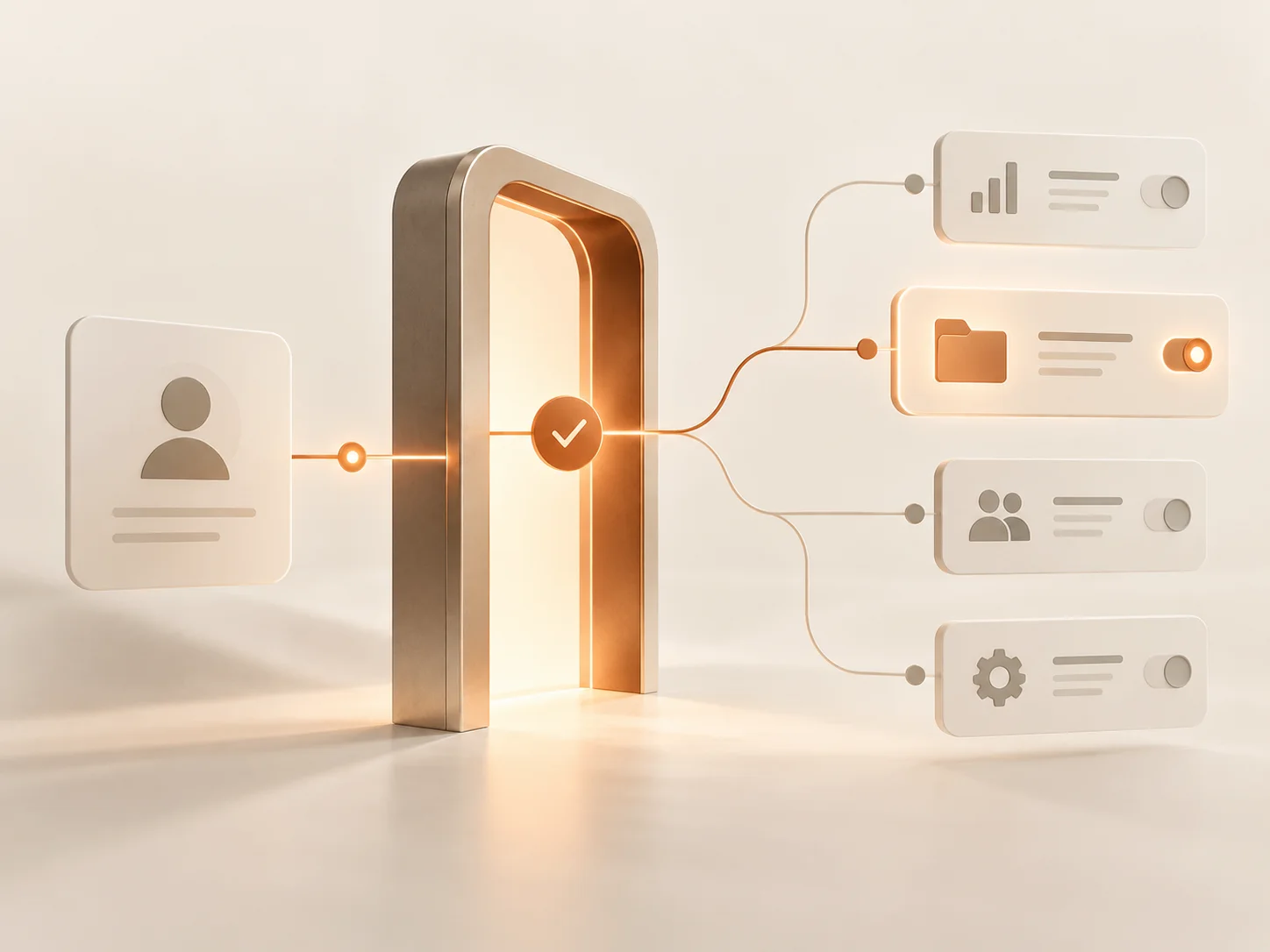 Abstract illustration of an identity gateway approving access between a user and connected business tools